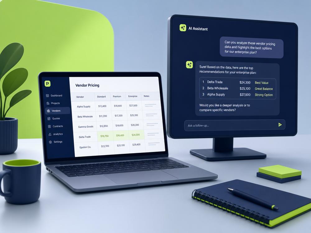 The EC System platform on screen — a vendor pricing schedule alongside an AI assistant ranking the best options for an estimate.